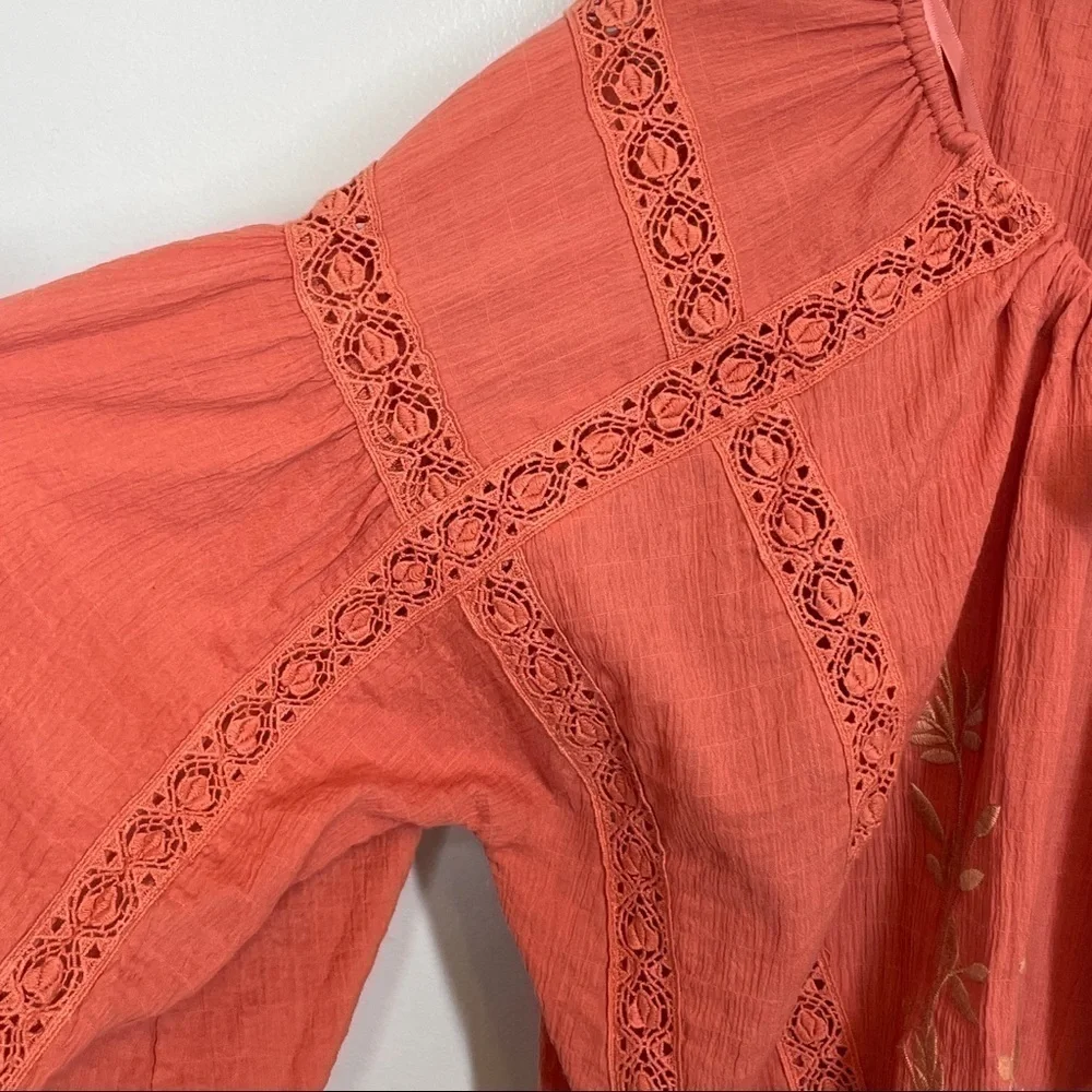 Free People Terra Cotta Maria Maria Top Ribbon Tie Gathered Waist Embroidery M